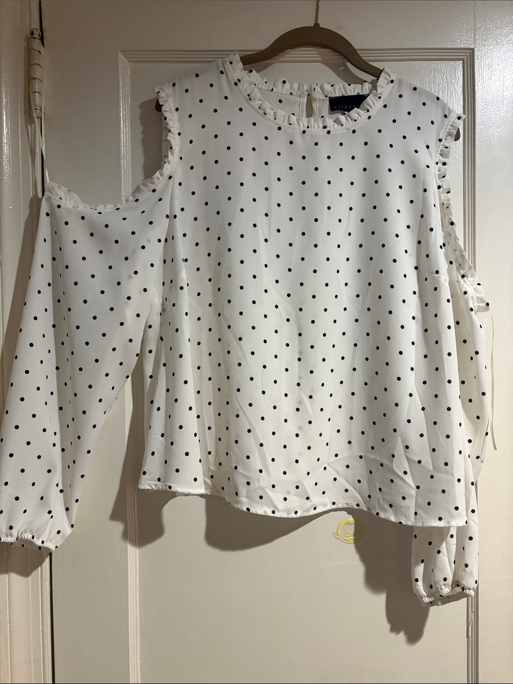 attention White Black Polka Dot Cold-Shoulder Blouse